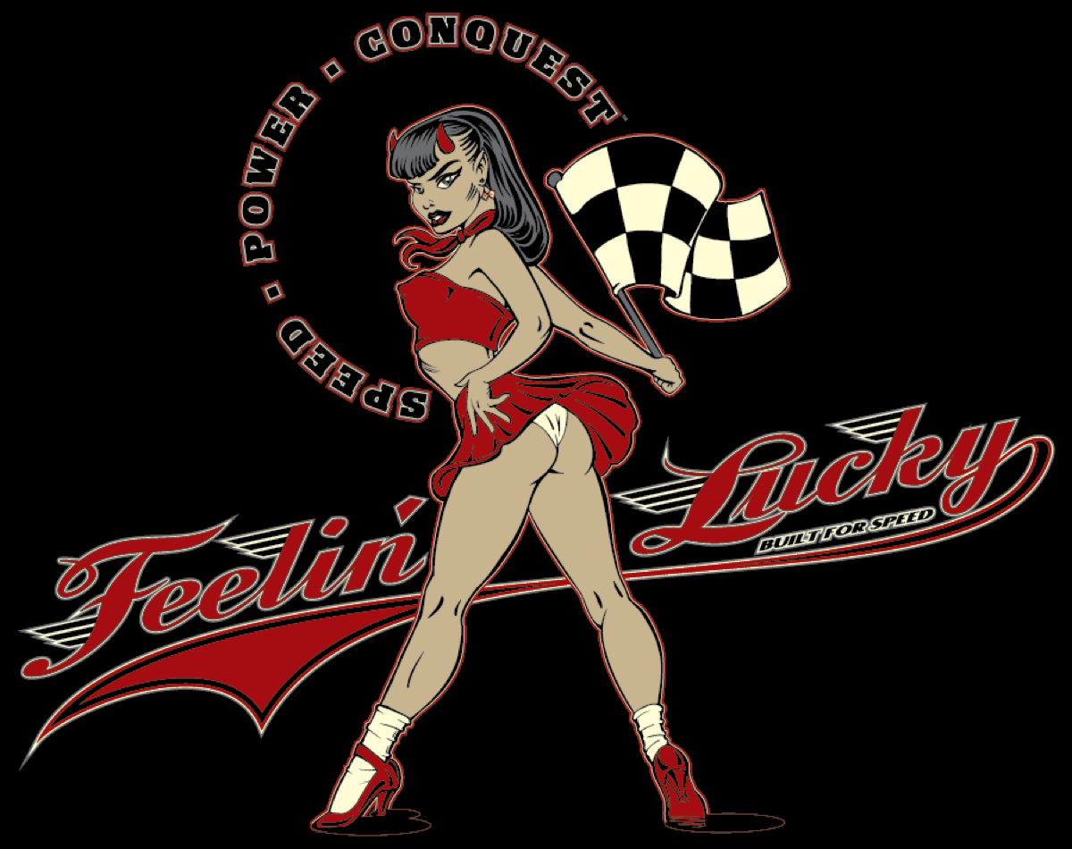 Classic 1996 Feelin’ Lucky line art: pit girl in red with a checkered flag, SPEED POWER CONQUEST arced overhead, red script wordmark below.