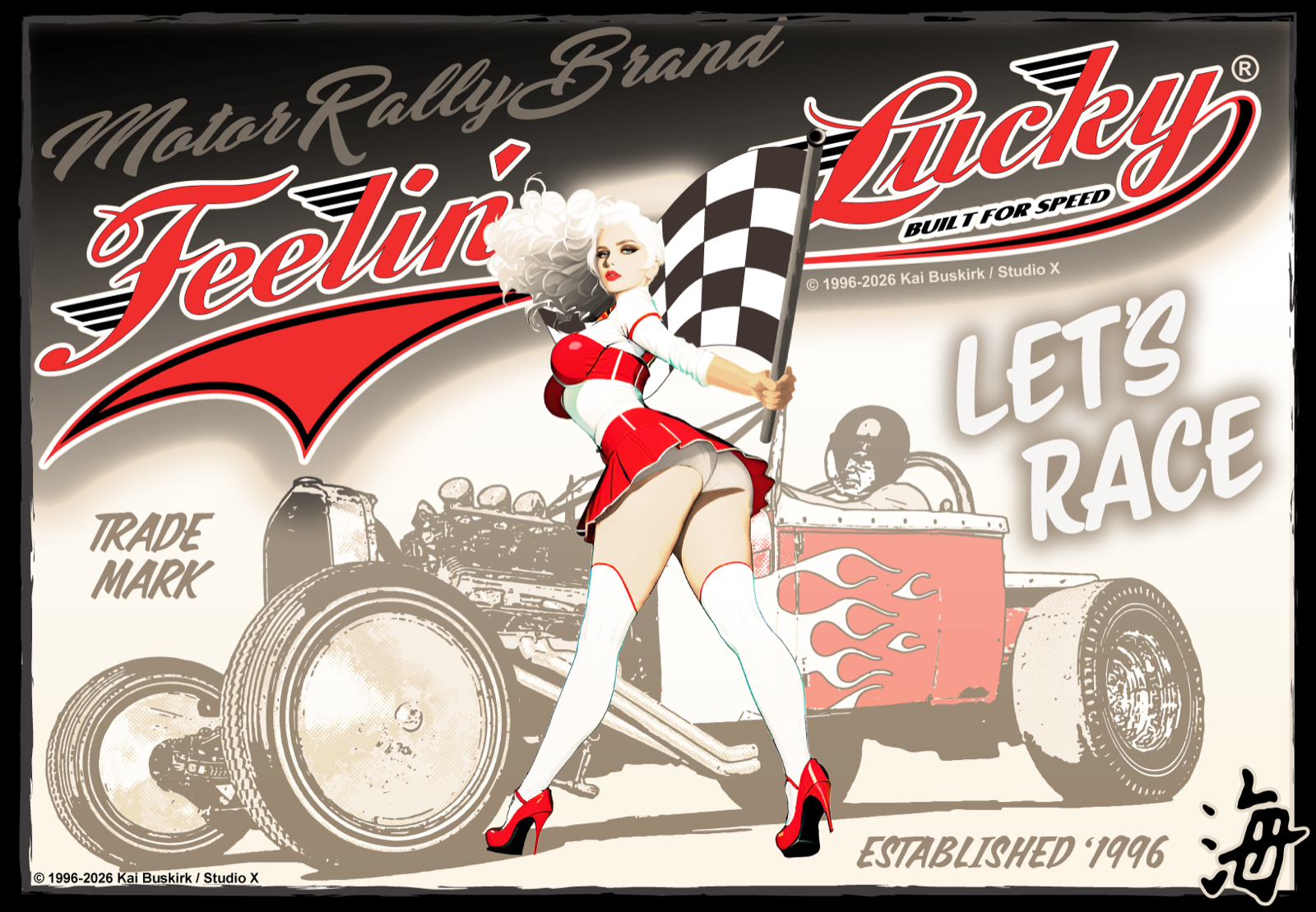 Feelin’ Lucky Race Time poster: red script wordmark with speed wings, pit girl with checkered flag beside a flamed hot rod, Let’s Race in white brush lettering.